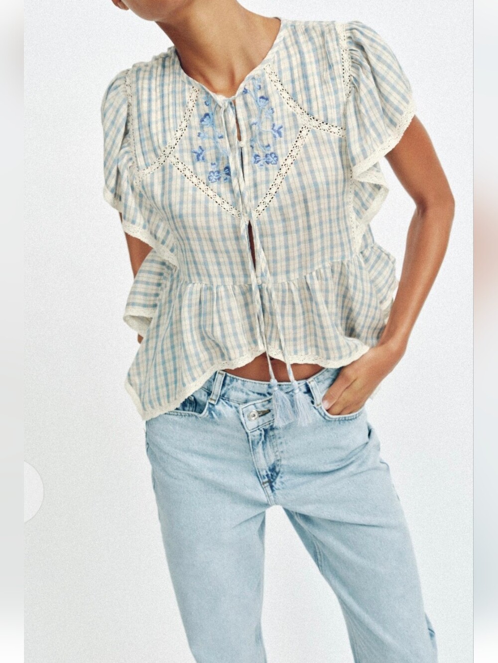 Zara EMBROIDERED PLAID LACE INSERT TOP(L)